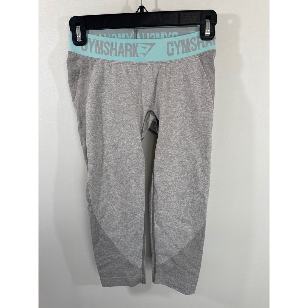 Gymshark Seamless Cropped Leggings Grey Teal Logo Waistband Marl Capri Womens XS
